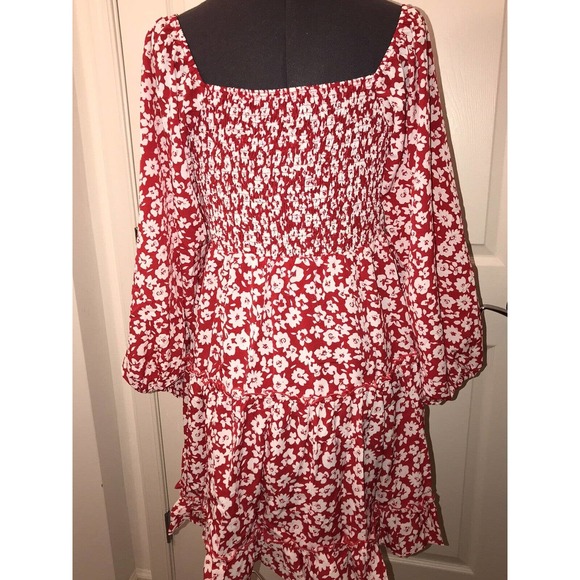 Women’s Red & White Floral Dress, LARGE, Smocked, Tiered Sheer - Picture 6 of 14